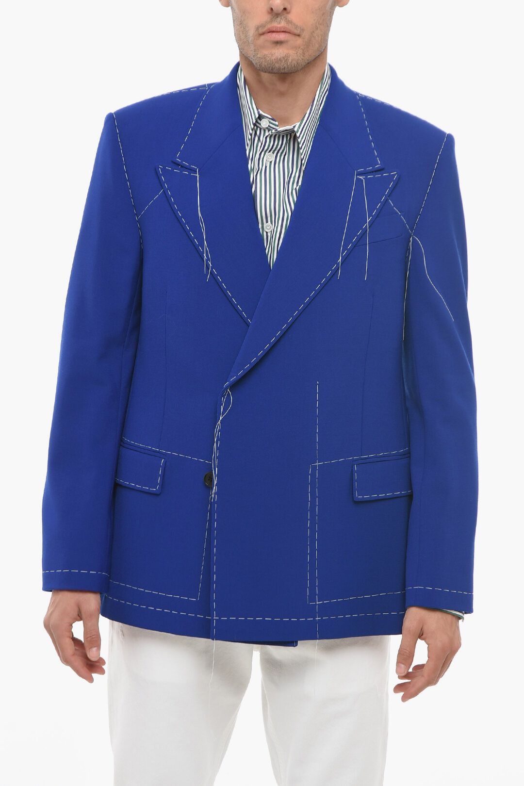 image of Off White Og1Mm0424 Double Breasted Wool Blend Blazer In Blue, Men's (Size Medium)