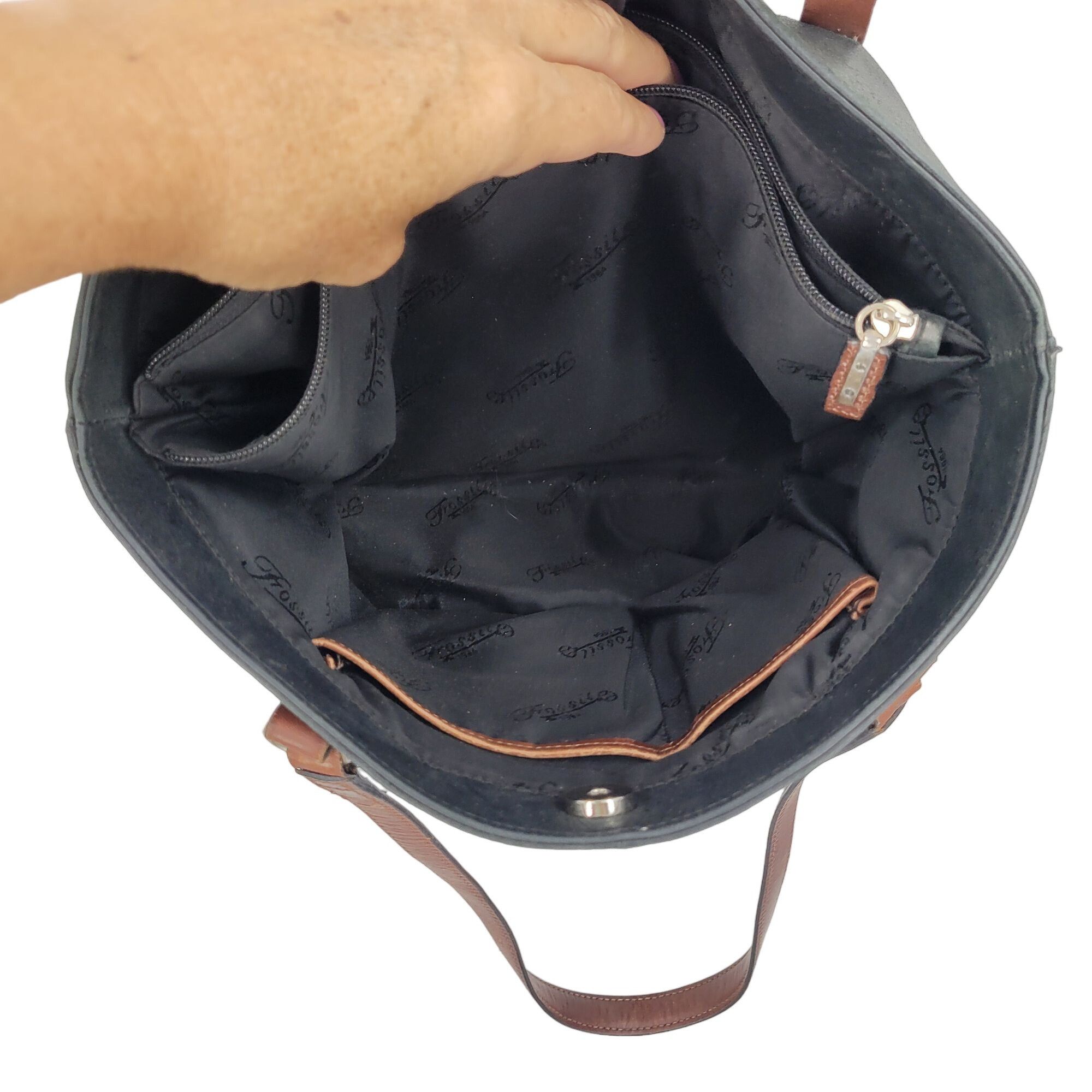 Fossil Fossil Black Genuine Leather Tote Bag Pebble Brown Embroider Size ONE SIZE - 5 Thumbnail