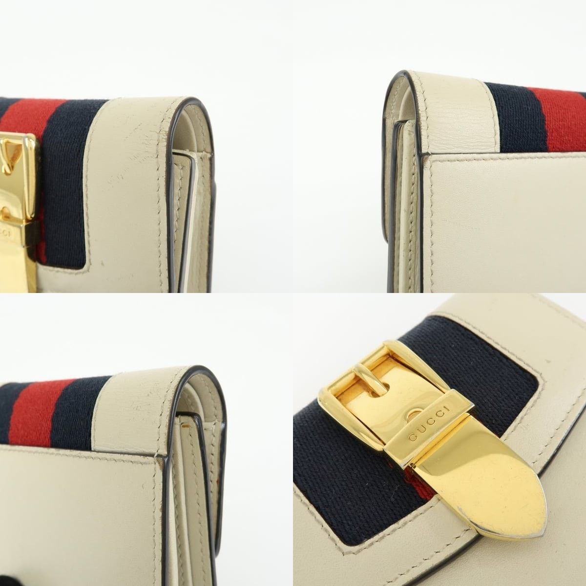 Gucci Gucci Sylvie Web Leather Tri-Fold Wallet Cream Size ONE SIZE - 5 Thumbnail