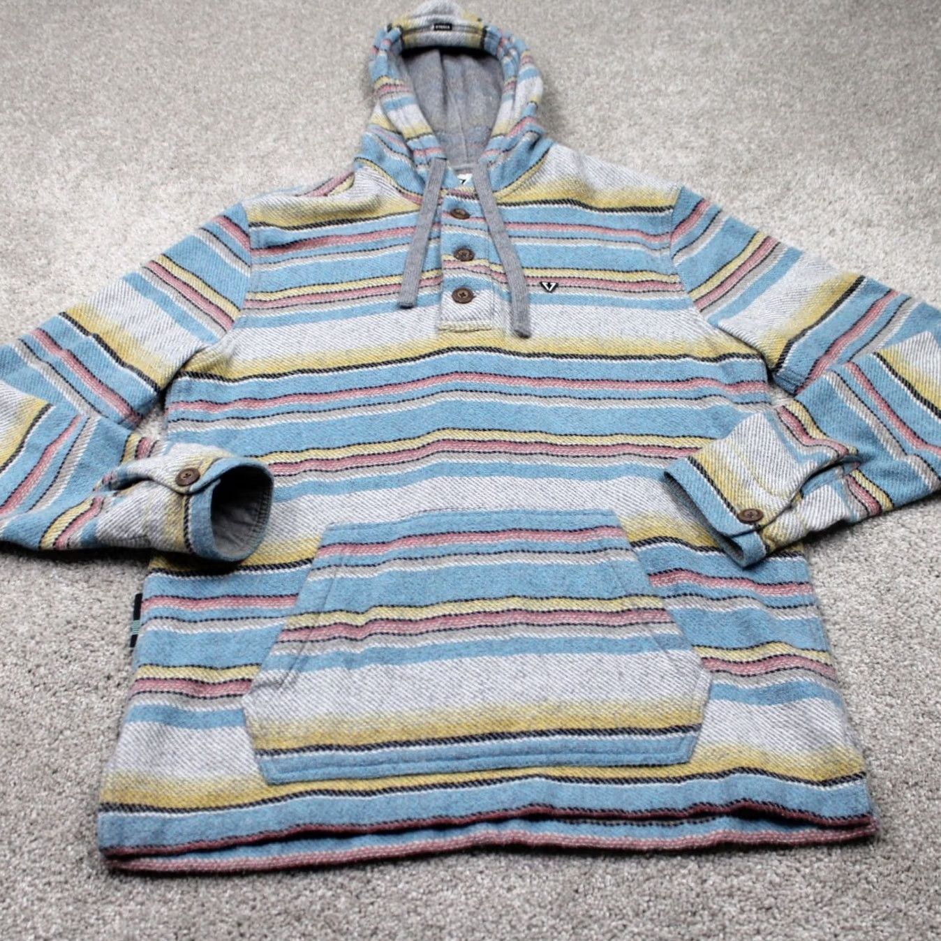 Vissla Vissla Hoodie Mens Medium Gray/Blue/Yellow Henley Hooded Sweatshirt L/S Knit Cotton Pockets Logo Striped Beach Outdoor 90s? Size US M / EU 48-50 / 2 - 2 Thumbnail