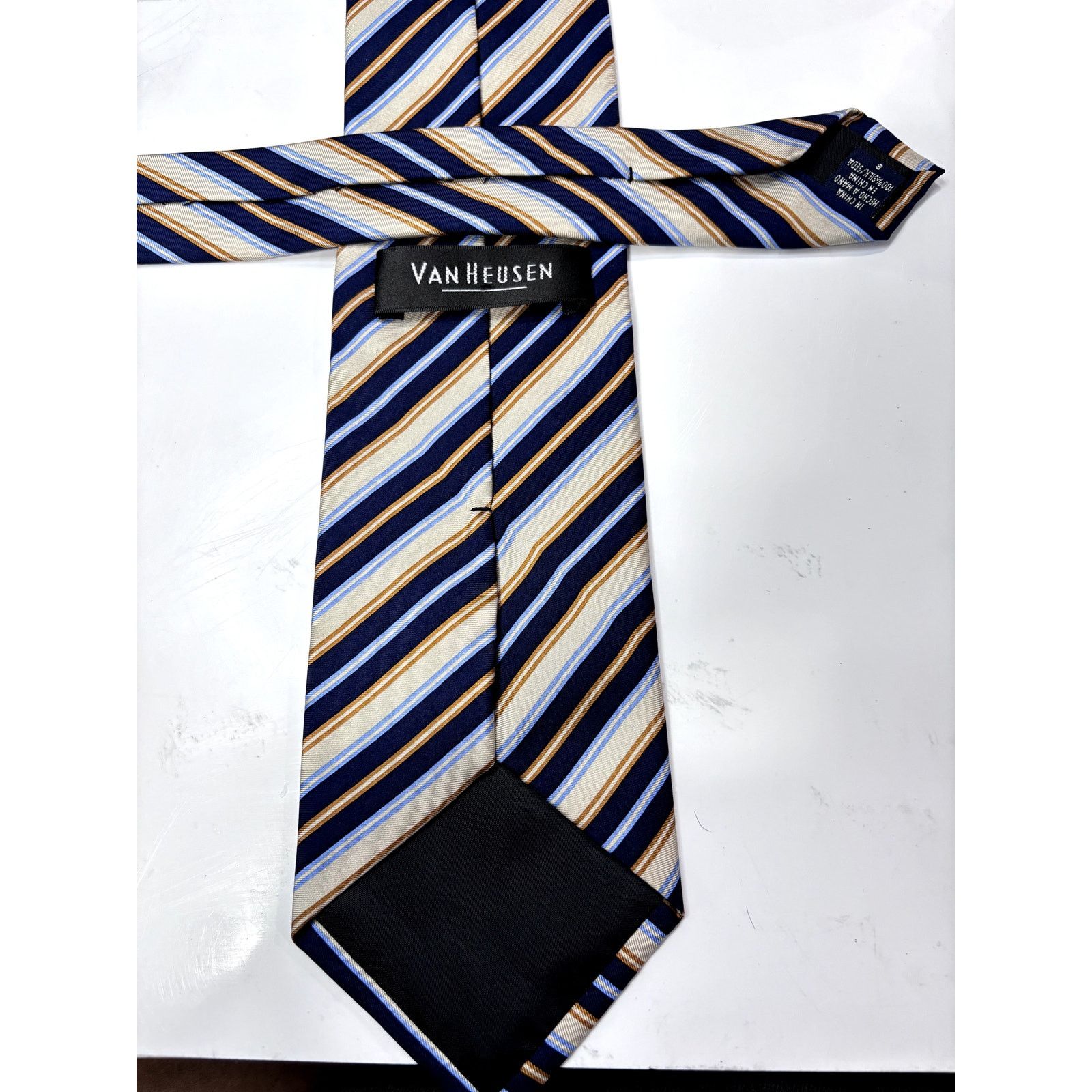 Van Heusen VAN HEUSEN Men's Silk Navy Tan & Cream Stripe Neck Tie Size ONE SIZE - 5 Thumbnail
