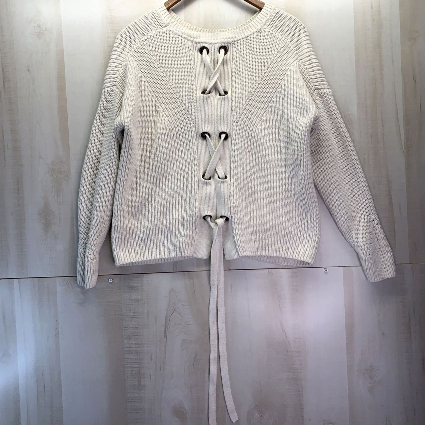 Lucky Brand Lucky Brand Women’s Lace Up Back Knit Ivory Sweater M, Knit, Pullover, 3/4 Sleeve, Regular, Ivory, Womens, Fall Winter Spring, Casual Size M / US 6-8 / IT 42-44 - 4 Thumbnail