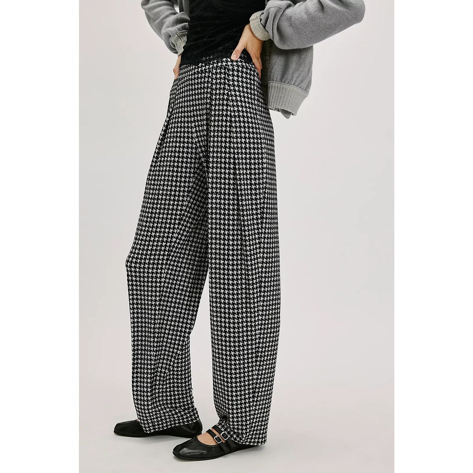 Free People × Norma Kamali New Low-Rise Pleated Houndstooth Trousers $200 XS Black Size 26" / US 2 / IT 38 - 3 Thumbnail