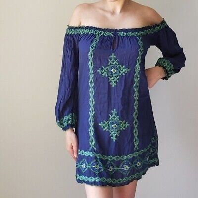 Poupette St Barth Poupette St. Barth Blue Embroidered Mini Dress off the shou Size S / US 4 / IT 40 - 1 Thumbnail