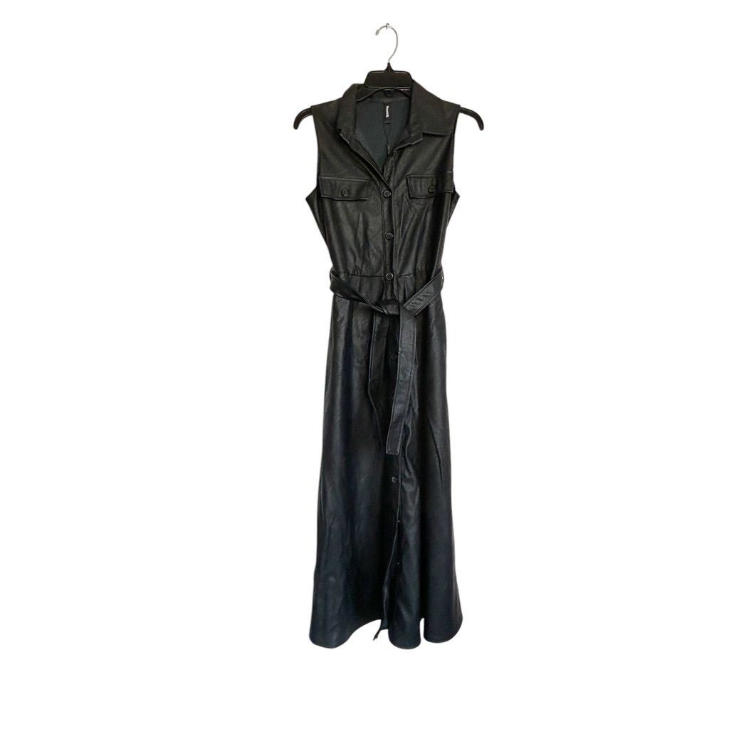 Venti6 Faux Leather Sleeveless Button Belted Midi Dress in B