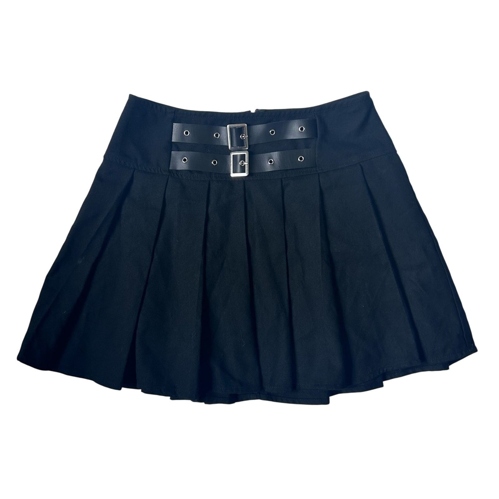 Vintage Y2K Gothic Black Pleated Mini Skirt Faux Leather Belt XS Size 25" / US 0 / IT 36 - 1 Thumbnail