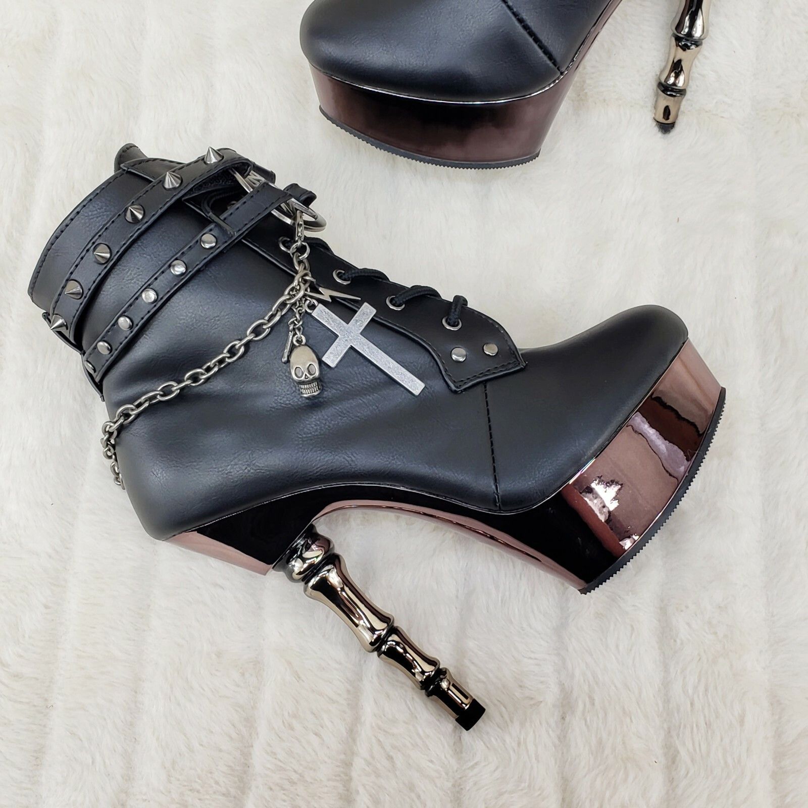 Other MUERTO 1001 Finger Bone Heel Platform Biker Ankle Boots Char Size US 6 / IT 36 - 4 Thumbnail