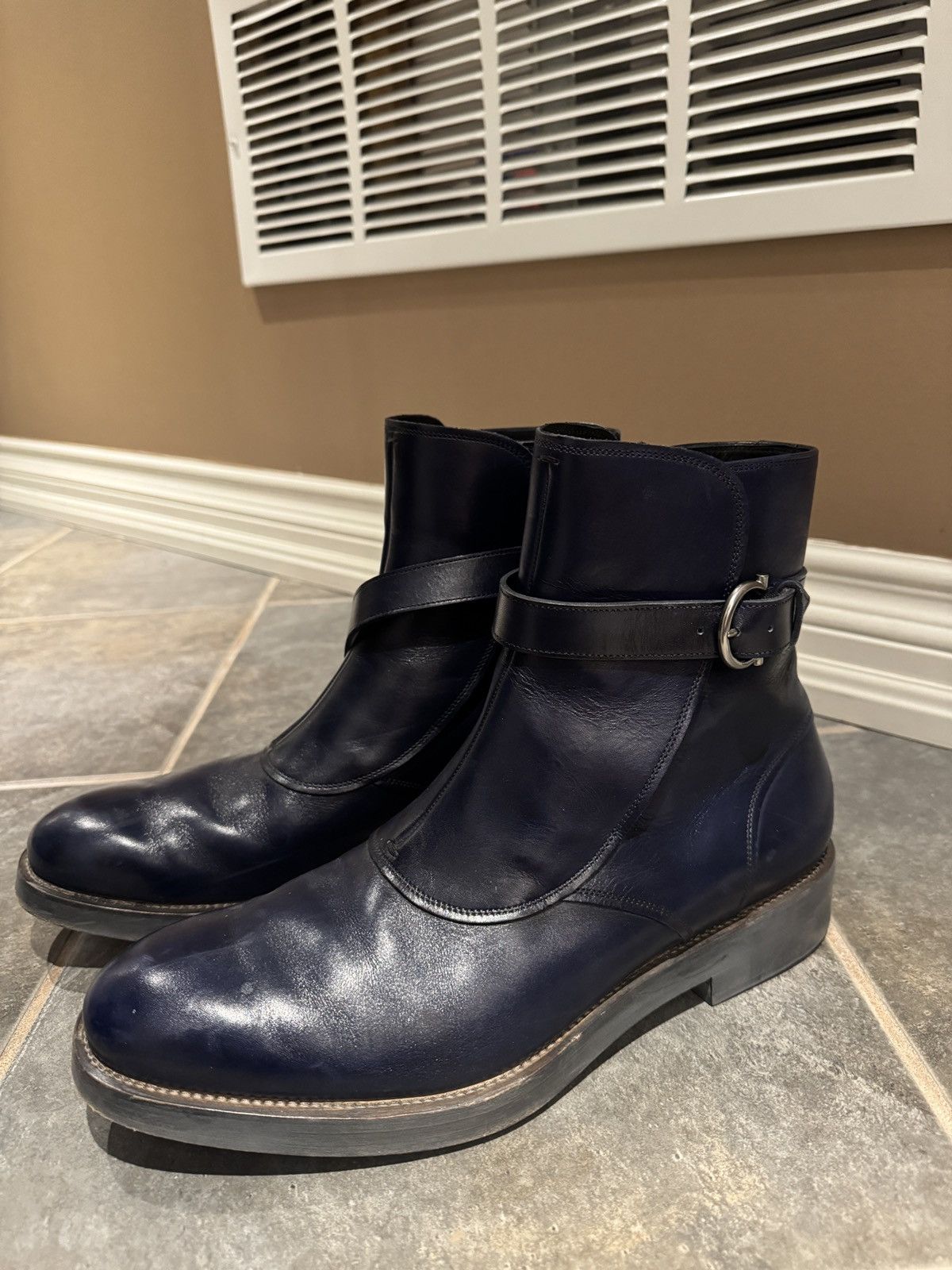 Salvatore Ferragamo Navy Blue Leather Boots Leather western boots Salvatore Ferragamo Green size 7.5 US  main image 2