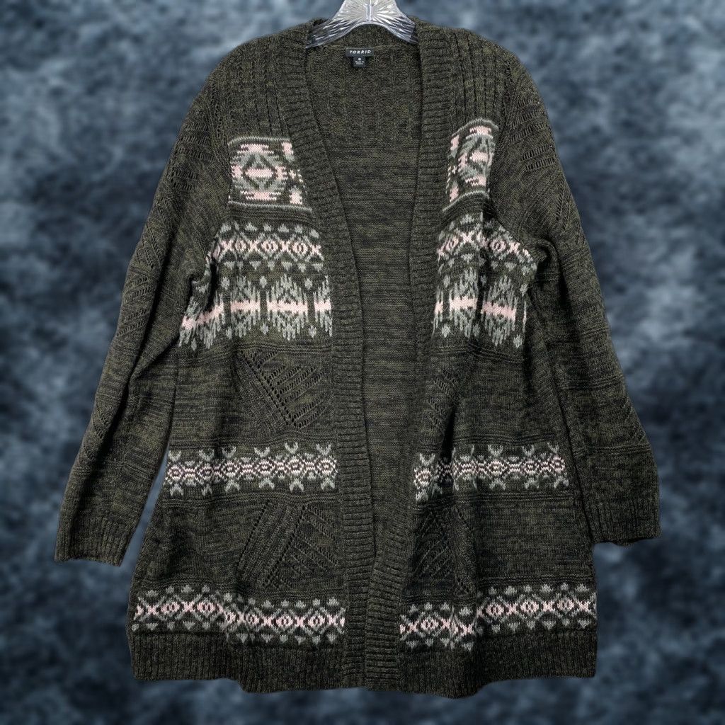 Torrid Torrid Cardigan Sweater 2X Green Open Front Longline Pockets V-Neck Knit Shirt Womens Autumn Winter Casual Cardigan Sizes 2X Green Torrid Size XXL / US 16-18 / IT 52-54 - 1 Thumbnail