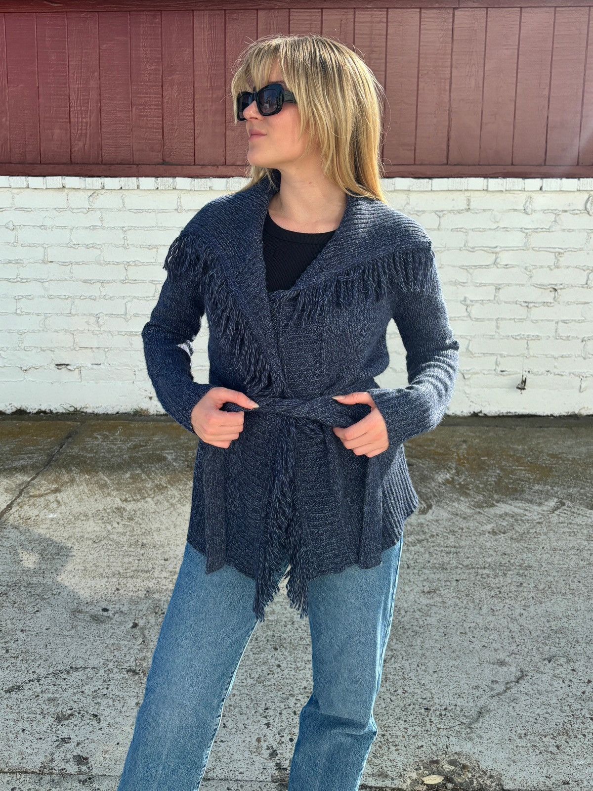 Other Navy Belted Cardigan with Fringe Trim Size M / US 6-8 / IT 42-44 - 3 Thumbnail