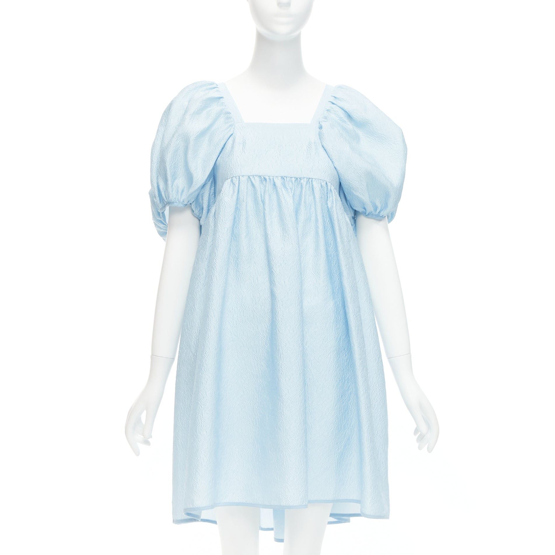 image of Cecilie Bahnsen Blue Silk Blend Rose Silk Jacquard Puff Babydoll Dress Uk6 Xs, Women's