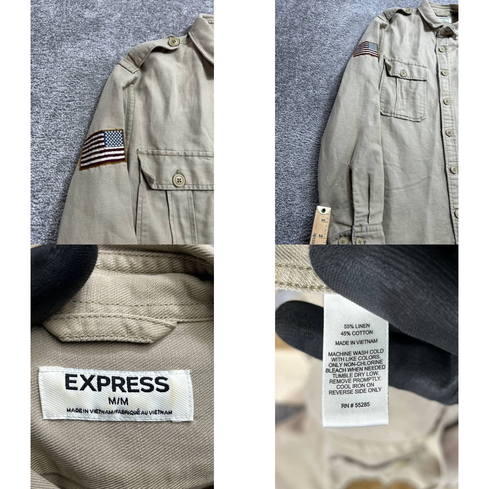 Express Express Military Shirt Mens M Beig e Linen 30th Division Eagle Embroidered Shirt Size US M / EU 48-50 / 2 - 8 Thumbnail