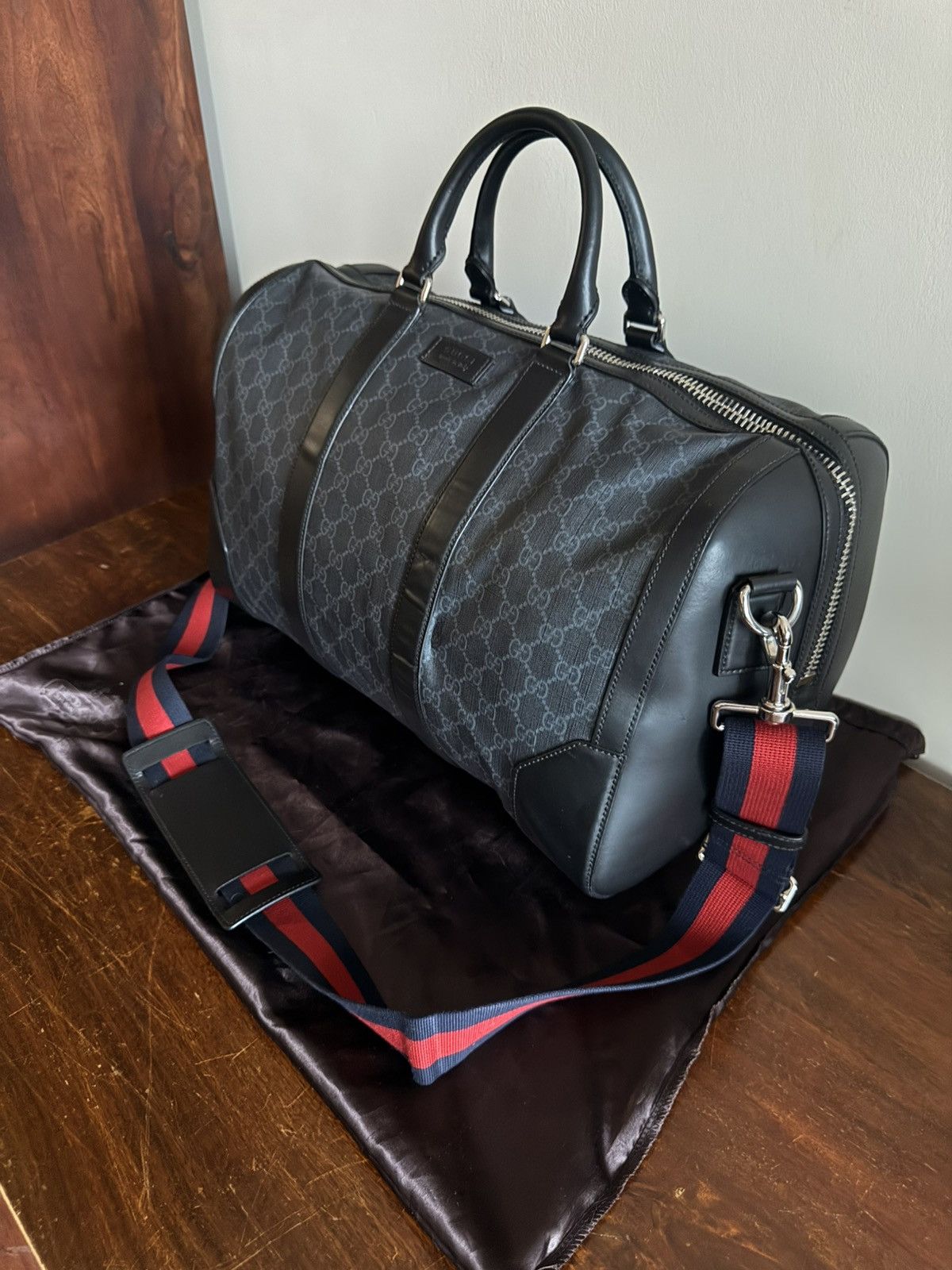 Gucci GUCCI GG Supreme Duffle Bag Black Monogram Weekender Travel Size ONE SIZE - 5 Thumbnail