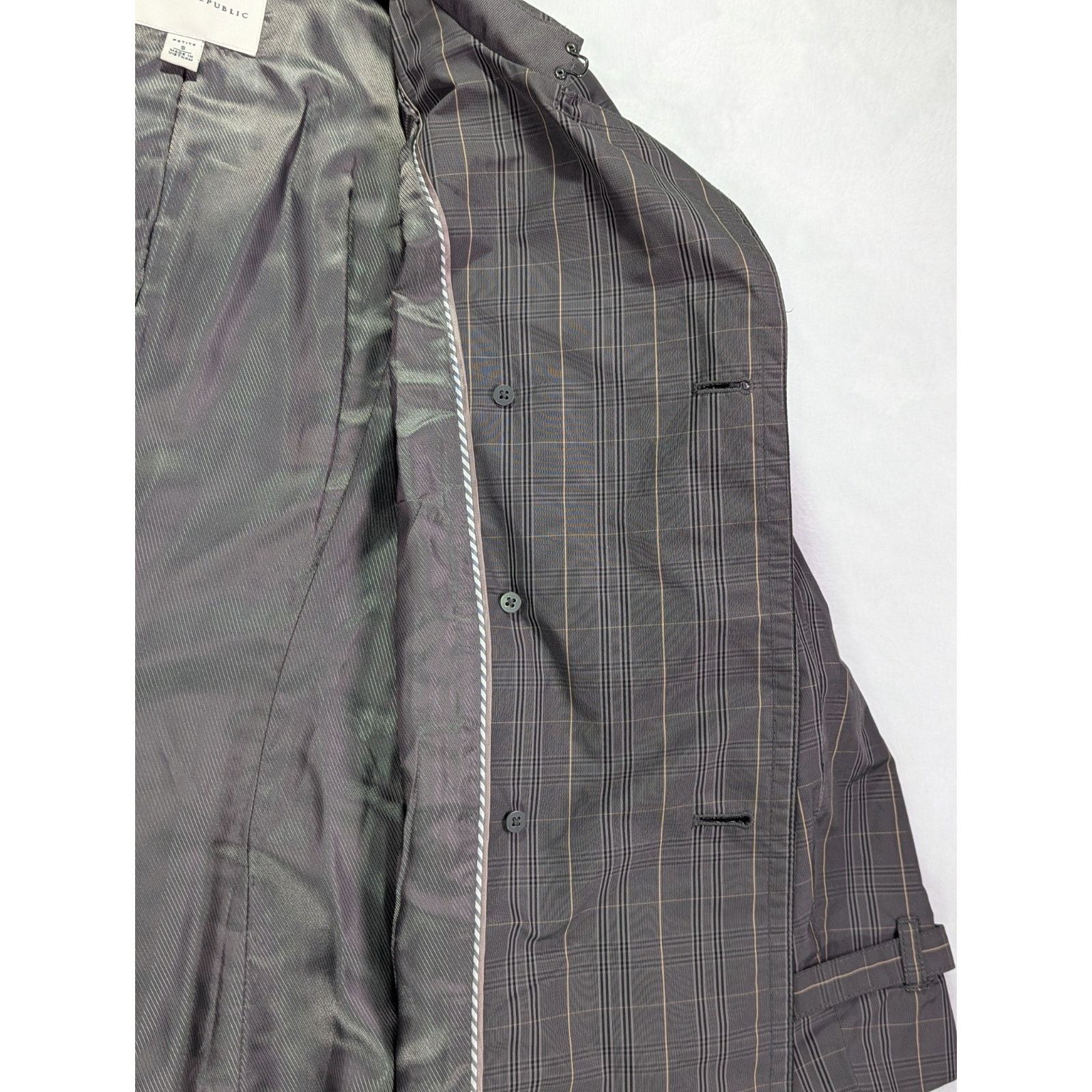 Banana Republic Trench Coat S Petite Gray Plaid Check Double Breasted Belted Size S / US 4 / IT 40 - 11 Thumbnail