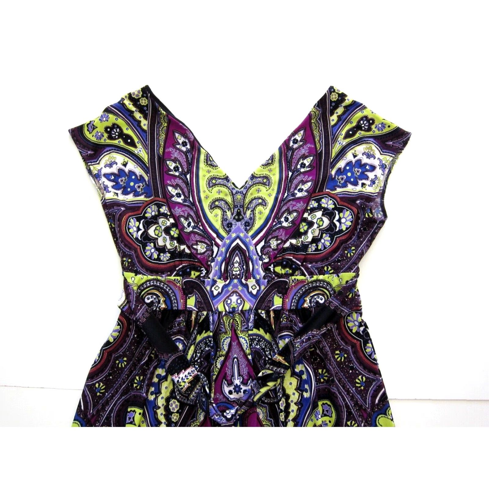 Vintage Ice Green Purple Floral Cap Sleeve V-Neck Empire Dress Woman 6 Size M / US 6-8 / IT 42-44 - 5 Thumbnail