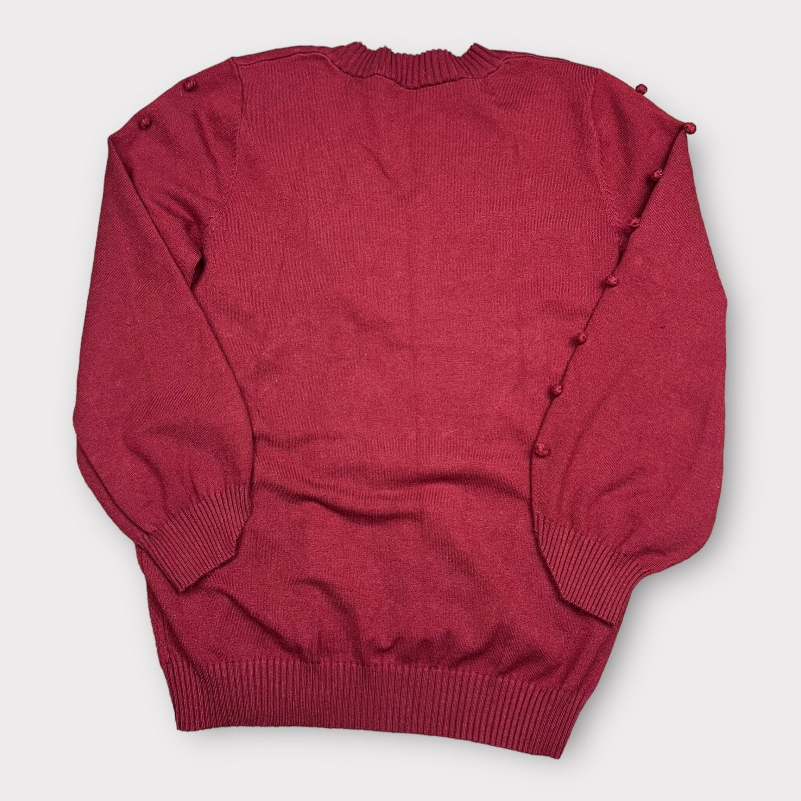 Vintage Vintage 80s | Burgundy Pom Pom Accent Pullover V-Neck Size S / US 4 / IT 40 - 3 Thumbnail