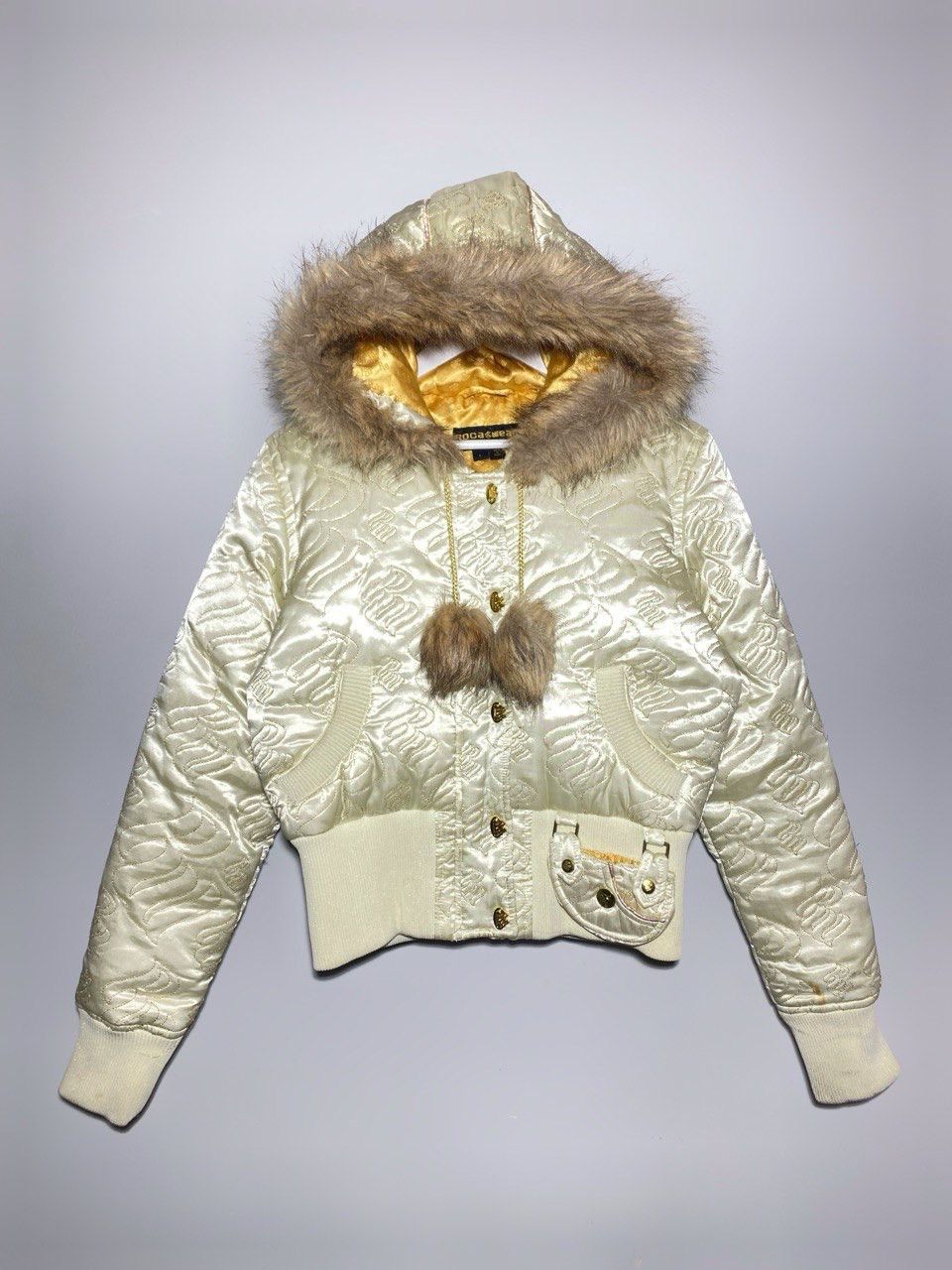 Vintage Y2K Rocawear Jacket Embroidered Cream Down Faux Fur