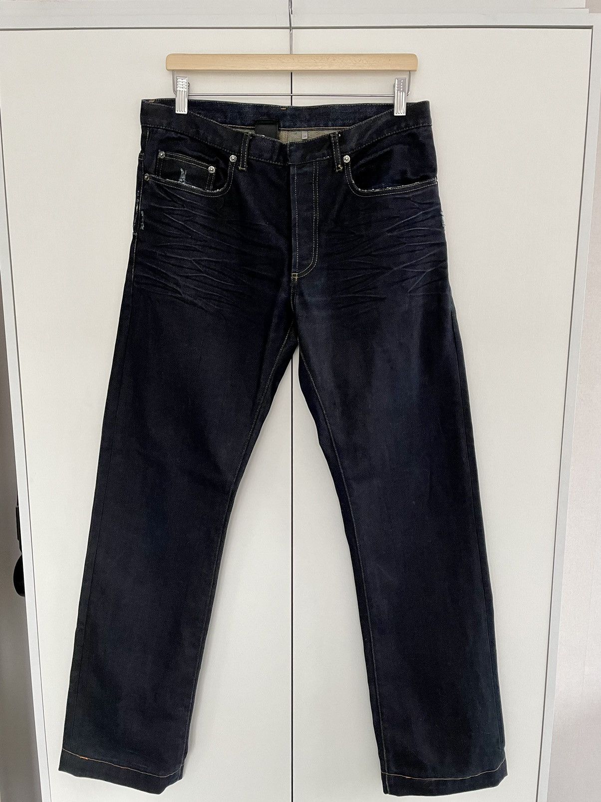 image of Dior Raw Navy Blue Denim Flared Crinkled Jeans Size 34 in Raw Denim, Men's