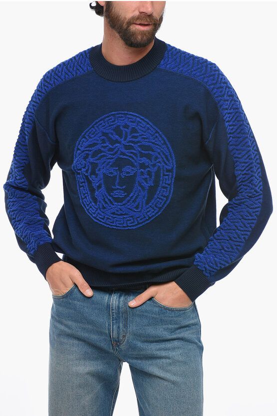 image of Versace Crew Neck Cotton Medusa Sweater With Terry Details in Blue, Men's (Size Medium)