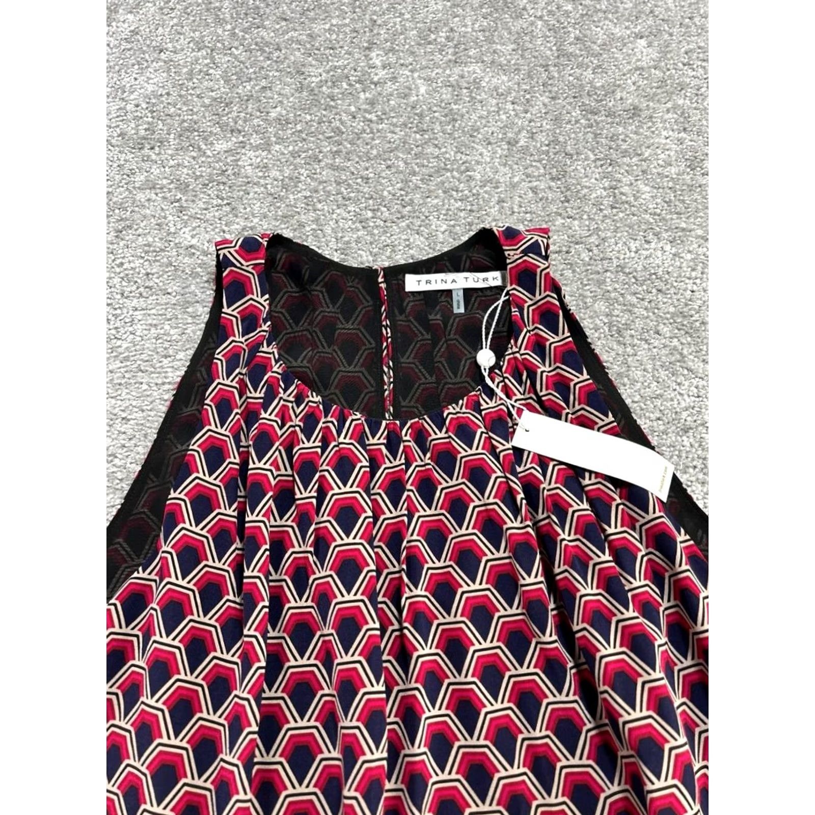 Trina Turk Trina Turk Blouse Top Womens Large Multicolor Hexagon Print Silk Square Neck New Size L / US 10 / IT 46 - 3 Thumbnail