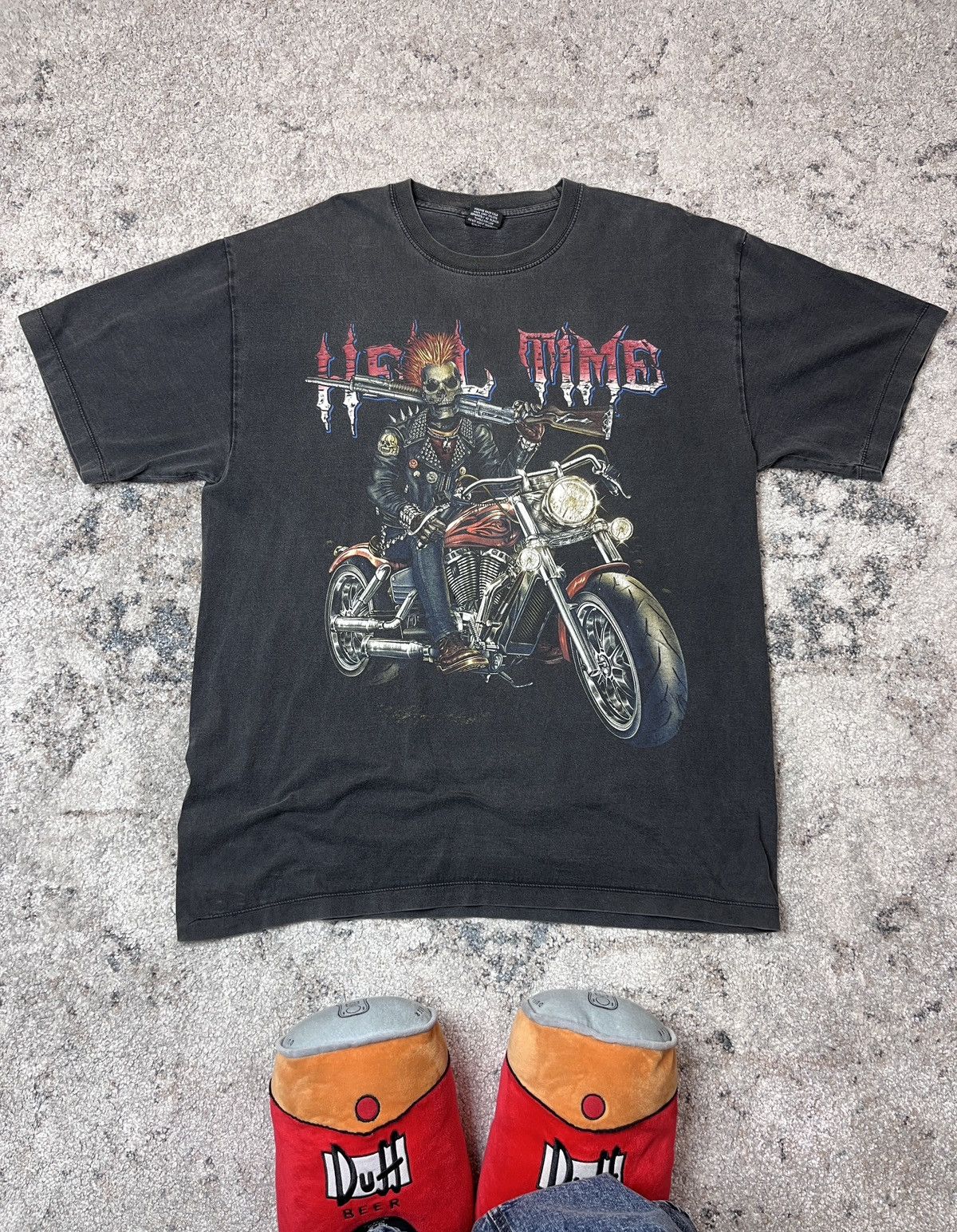 Vintage 1990s HELL TIME VINTAGE FADED & DISTRESSED BAGGY TEE - 844 Size US XL / EU 56 / 4 - 1 Thumbnail