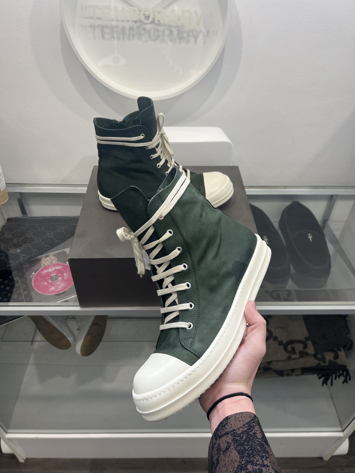 Pre-owned Rick Owens Moss Leather Ramones Shoes In Green