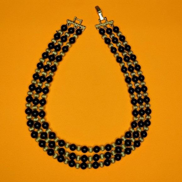 Vintage Cato Black Gold Multi Strand Necklace 3 Tiered Layered Jewel Size ONE SIZE - 8 Thumbnail
