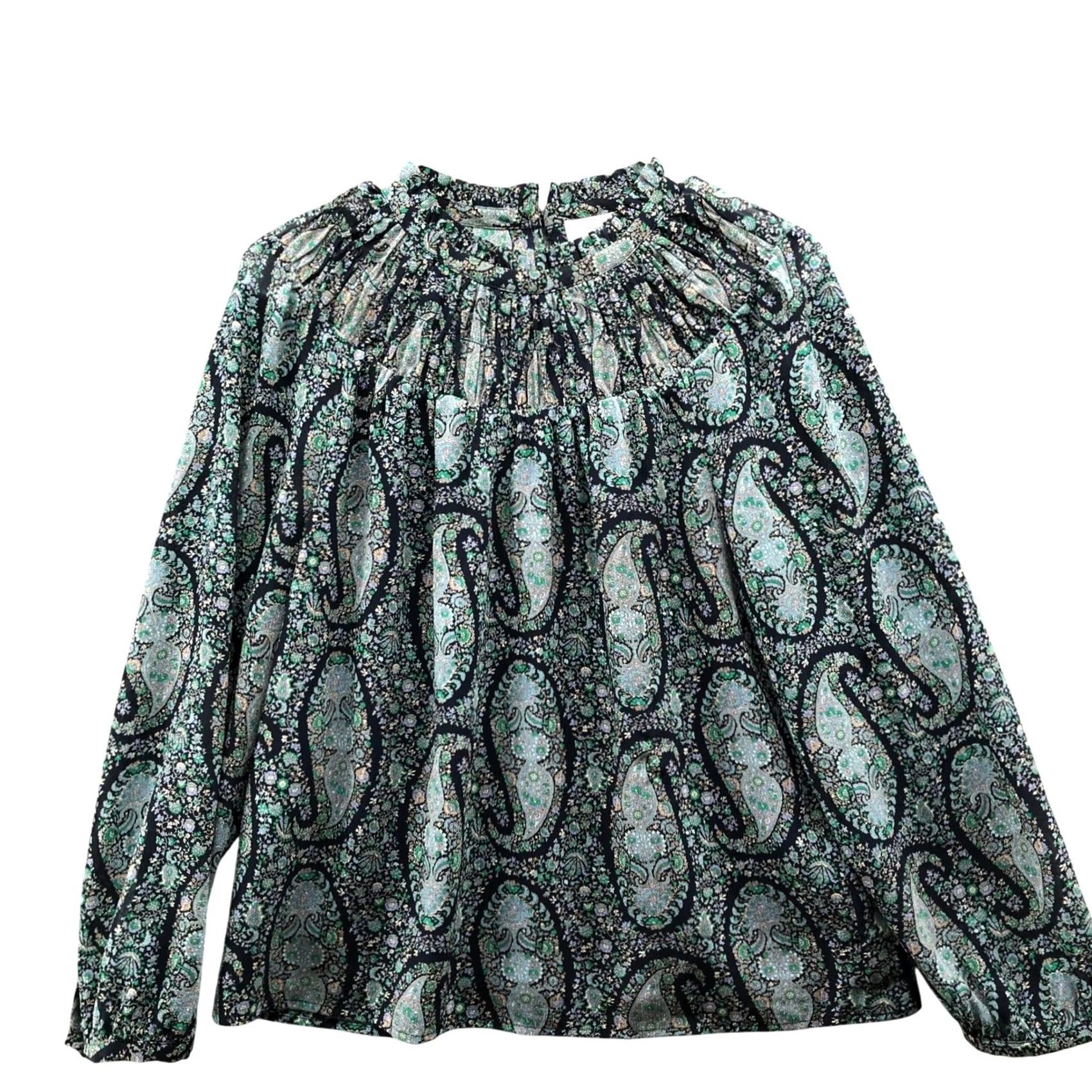 J.Crew VINTAGE J. Crew Blouse Shirt Paisley Print Chiffon Teal Green Womens S Long Sleeve Mock Neck BPMS Size S / US 4 / IT 40 - 2 Thumbnail