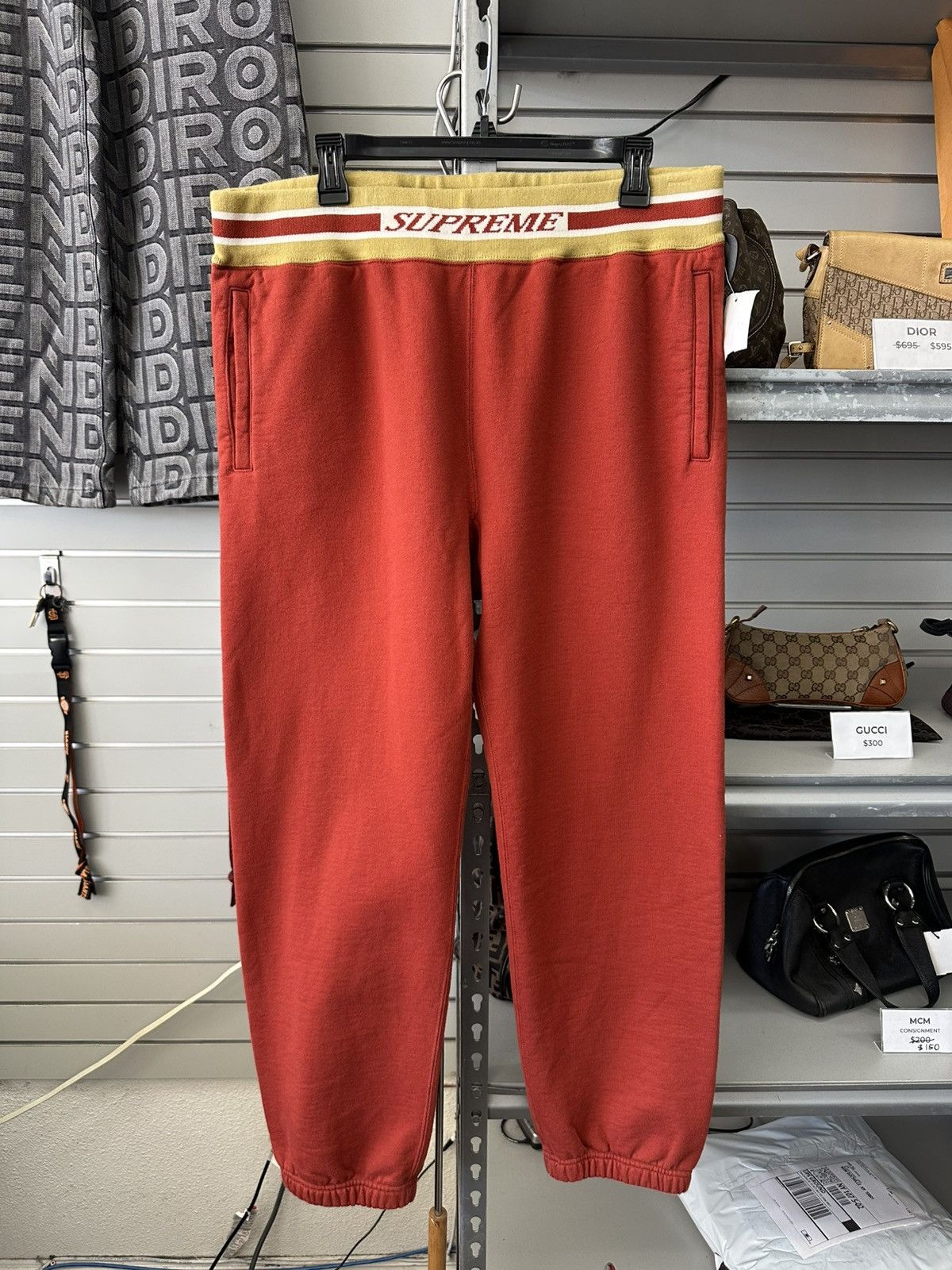 Supreme SUPREME STRIPED RIB LOGO SWEAT PANTS FW18 RED LARGE Size US 34 / EU 50 - 1 Thumbnail