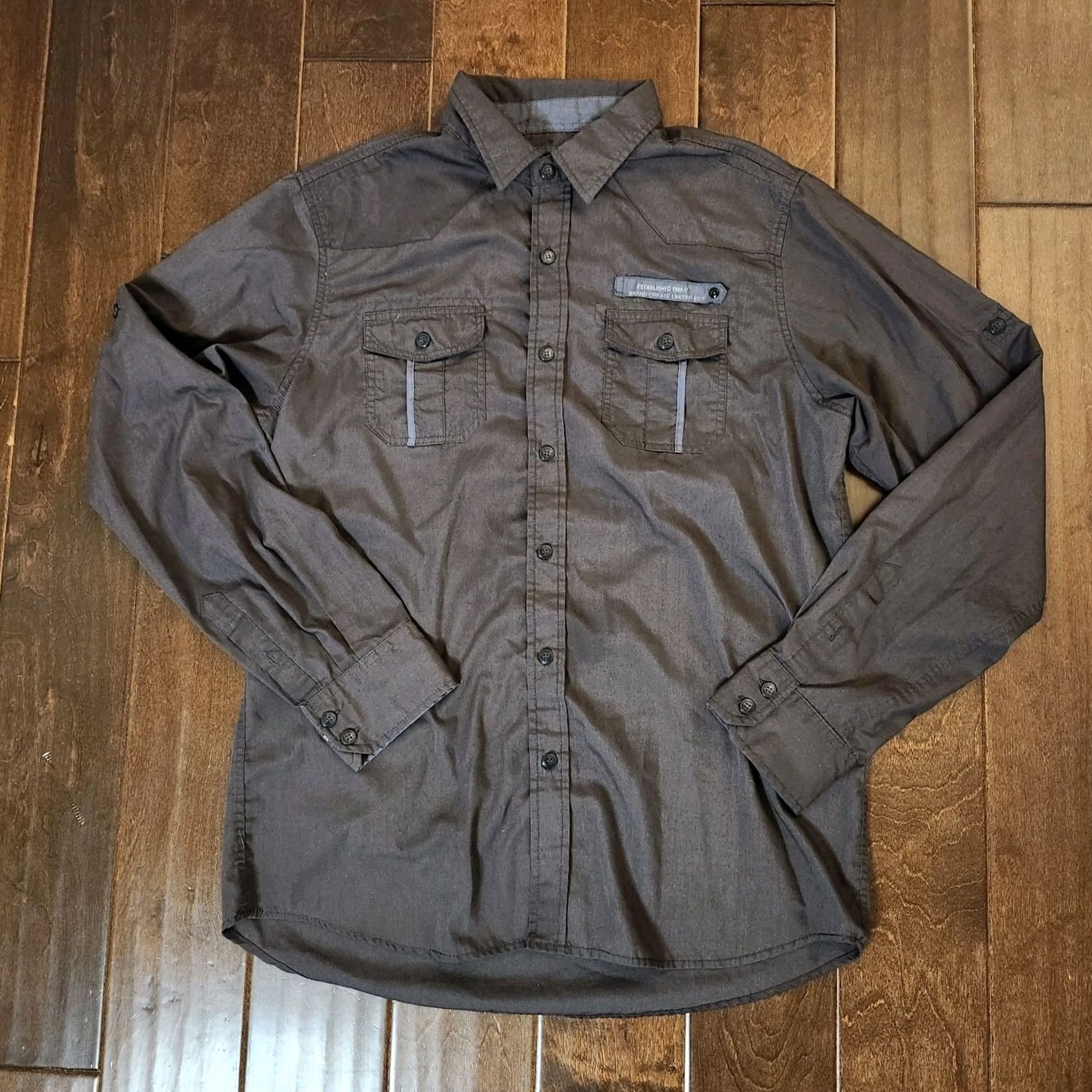 Vintage LR Scoop New York Men's Gray Blue Pocket Long Sleeve Button Up Dress Shirt L Size Gray Cotton Polyester Shirt Men موقع? Size 42R - 2 Thumbnail