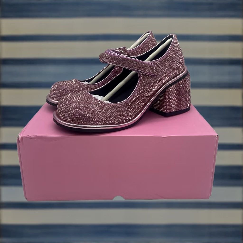 Vintage Sugar Thrillz Platform Heels Womens 8M Pink Glitter Rhinestone Block Heel 4in Buckle New w Box Size US 8 / IT 38 - 1 Thumbnail