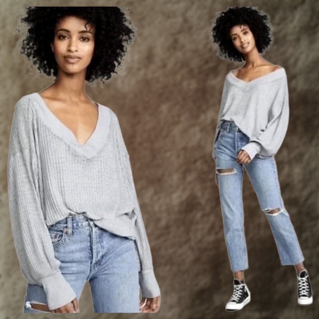 Vintage We The Free Waffle Knit Sweater Womens Medium Gray Off Shoulder Slouchy Top Size M / US 6-8 / IT 42-44 - 1 Thumbnail