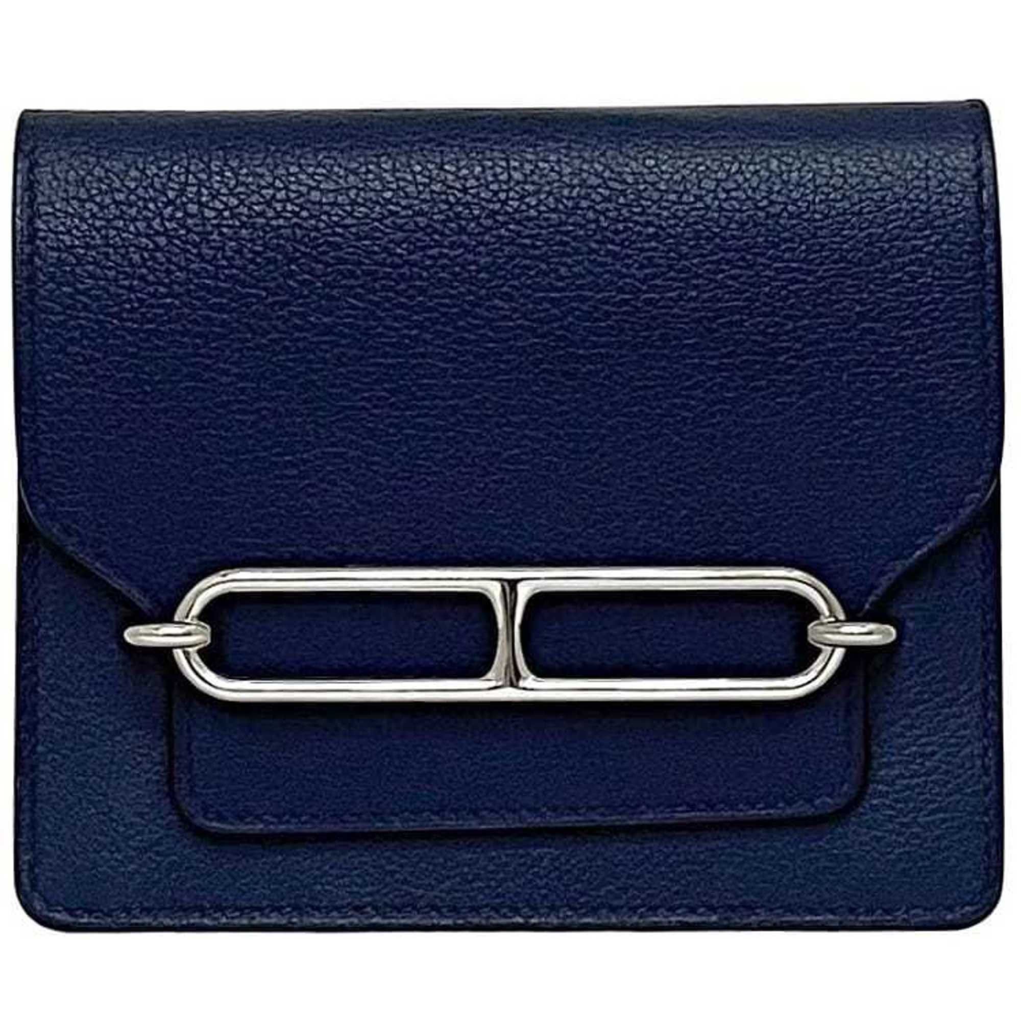 Hermes Wallet Luli F-23106 Navy Leather Z Stamp Hermes Mini Blue Belt Bag 4-Way Women's Men's Pouch Coin Purse Included