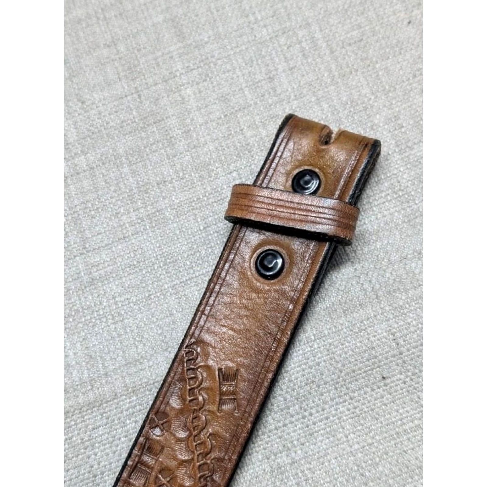 Vintage VINTAGE handcrafted Hand Tooled belt 1-3/8" Western Belt brown Men 42 Full Grain Cowhide Leather belt buckle strap Cowboys Rodeo 1940s Mens Size 42 - 4 Thumbnail