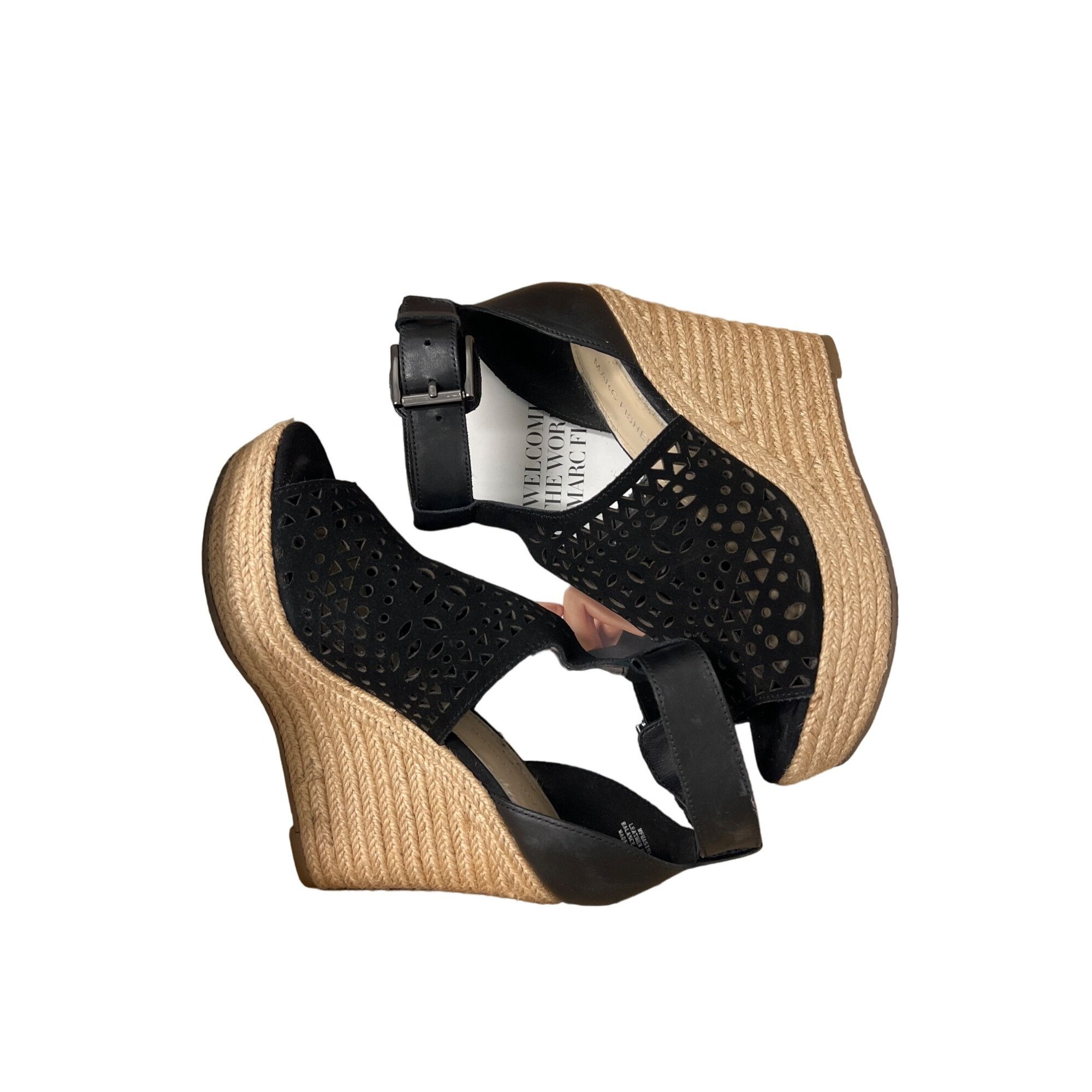 Marc Fisher Marc Fisher Black Suede T-Strap Wedge Sandals Size US 7.5 / IT 37.5 - 8 Thumbnail