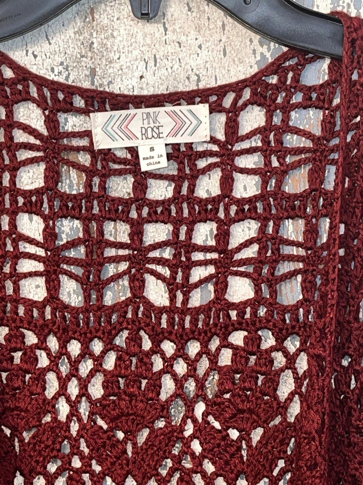 Designer Pink Rose maroon cardigan vest, crocheted, small, fringe Size S / US 4 / IT 40 - 2 Thumbnail