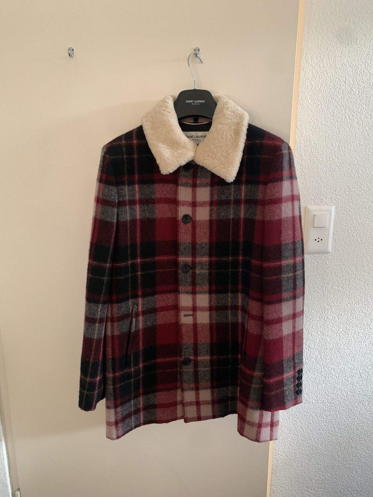 image of Saint Laurent Paris Saint Laurent Checked Trapper Jacket With Shearling Collar in Red (Size Medium)