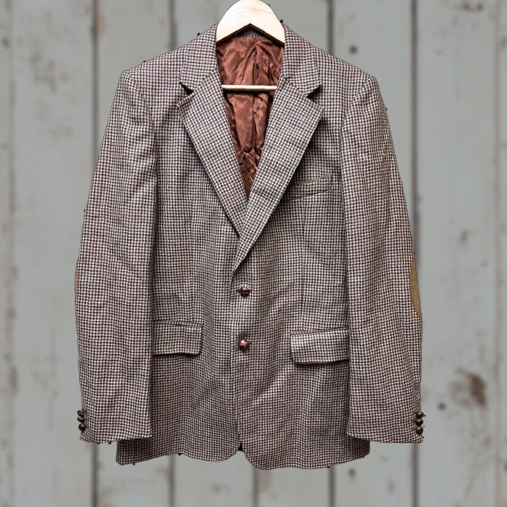 Vintage VINTAGE Wool Tweed Jacket 41L Tan Elbow Patch Houndstooth Check Blazer Sportcoat Size 42R - 1 Thumbnail
