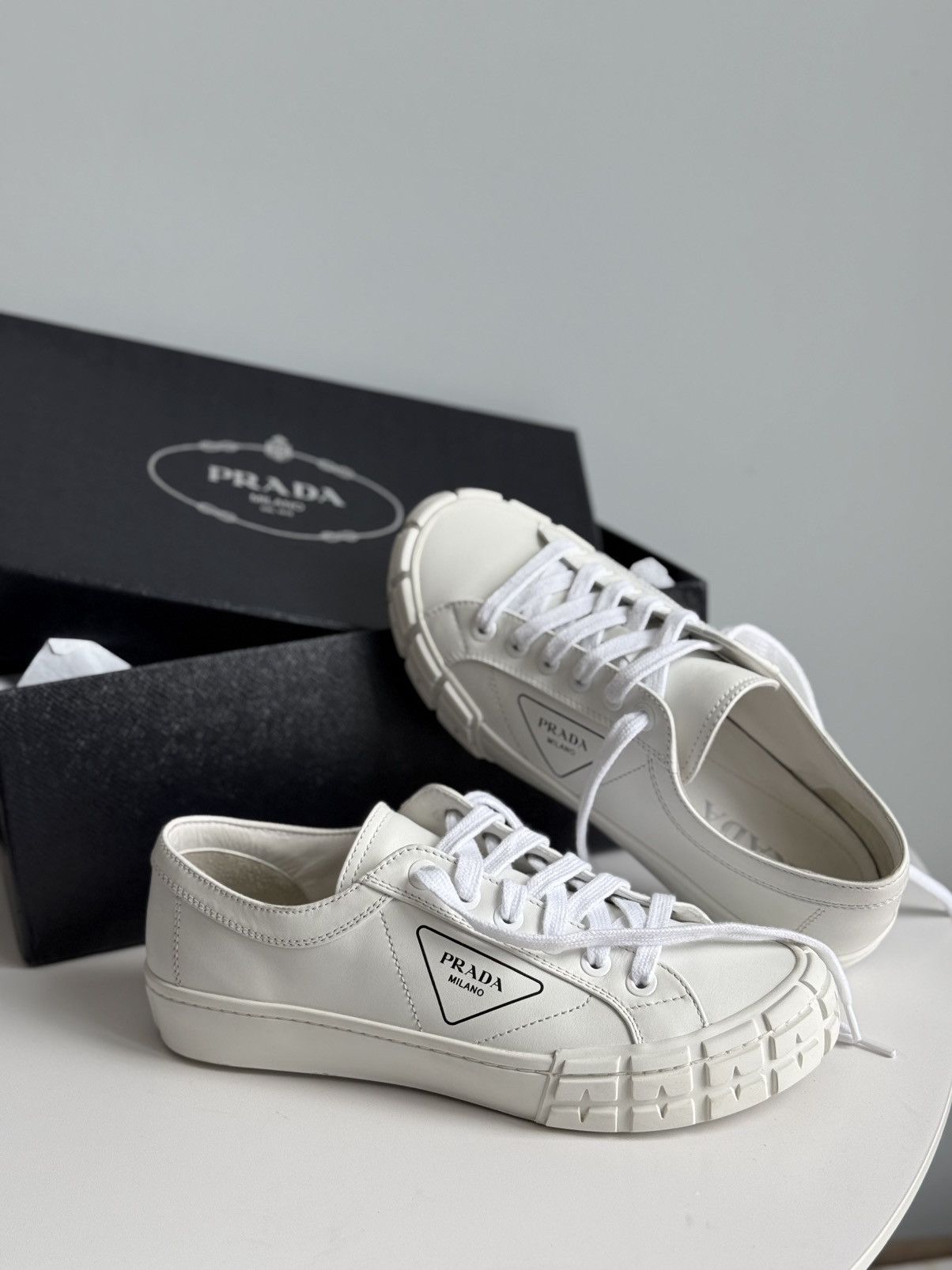 Prada Prada Cassetta Triangle Logo Low Top Sneakers White Leather Size US 11 / IT 41 - 6 Thumbnail