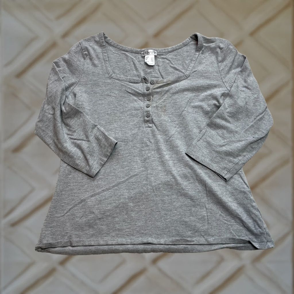 Venus Venus Shirt Womens Large Gray Long Sleeve Henley Cotton Solid Top Size L / US 10 / IT 46 - 1 Thumbnail