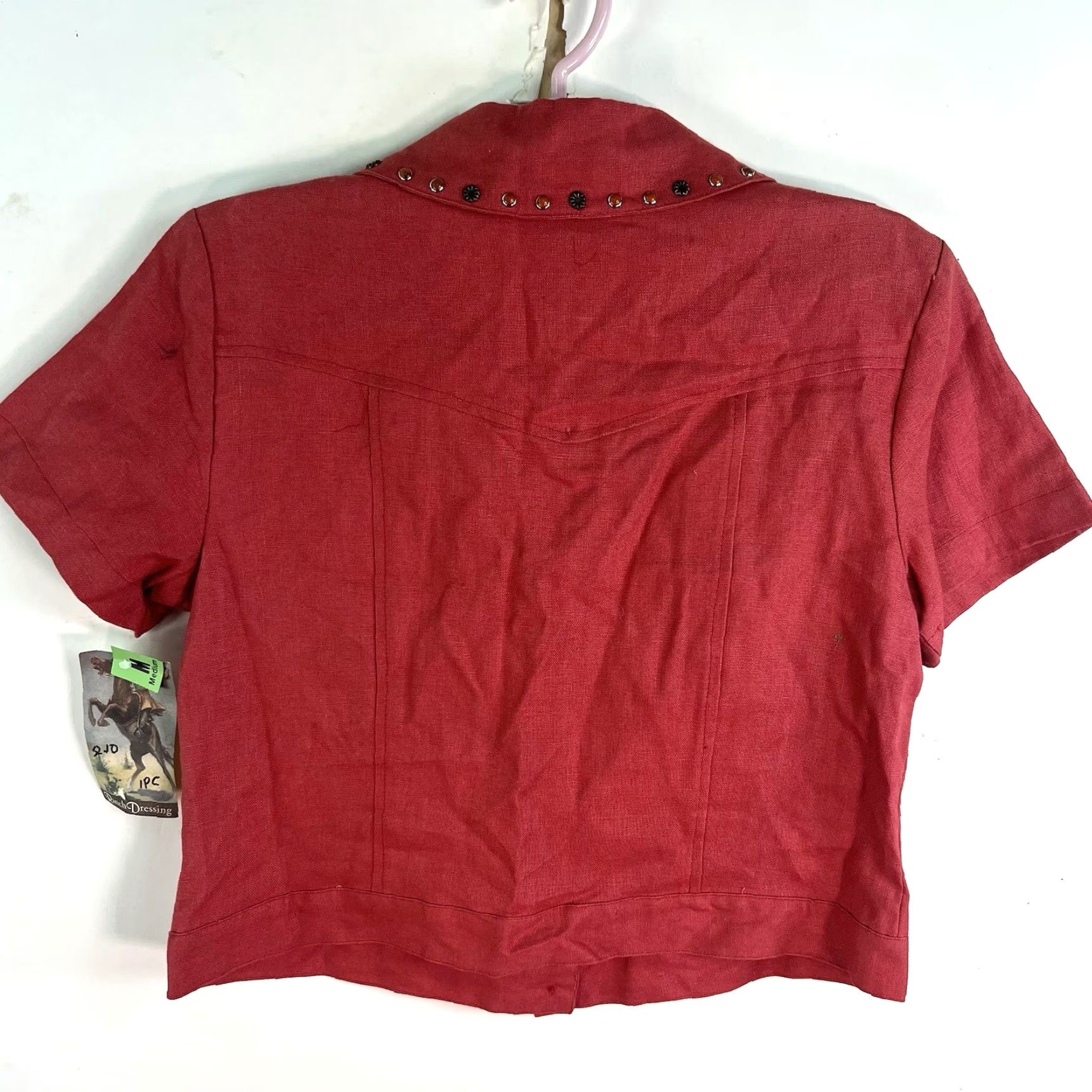 Vintage RANCH DRESSING Linen Button-Up West Shirt M Womens Orange Beaded Western Collared Short Sleeve Adult Medium (Machine Washable) Size M / US 6-8 / IT 42-44 - 2 Thumbnail