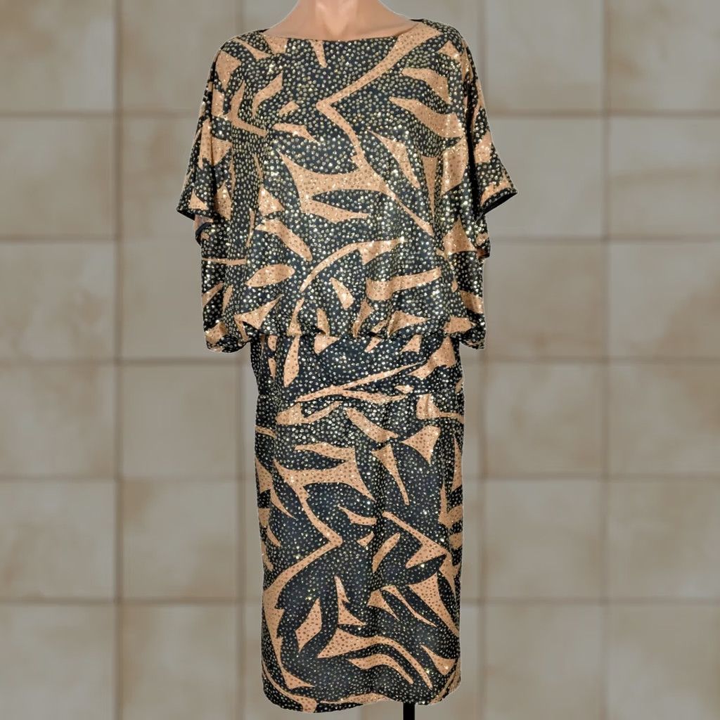 patra ladies dresses Vintage VINTAGE Womens Dress 8 Blouson Dress Knee Length Black Metallic Silver Floral Chiffon 90s wk50