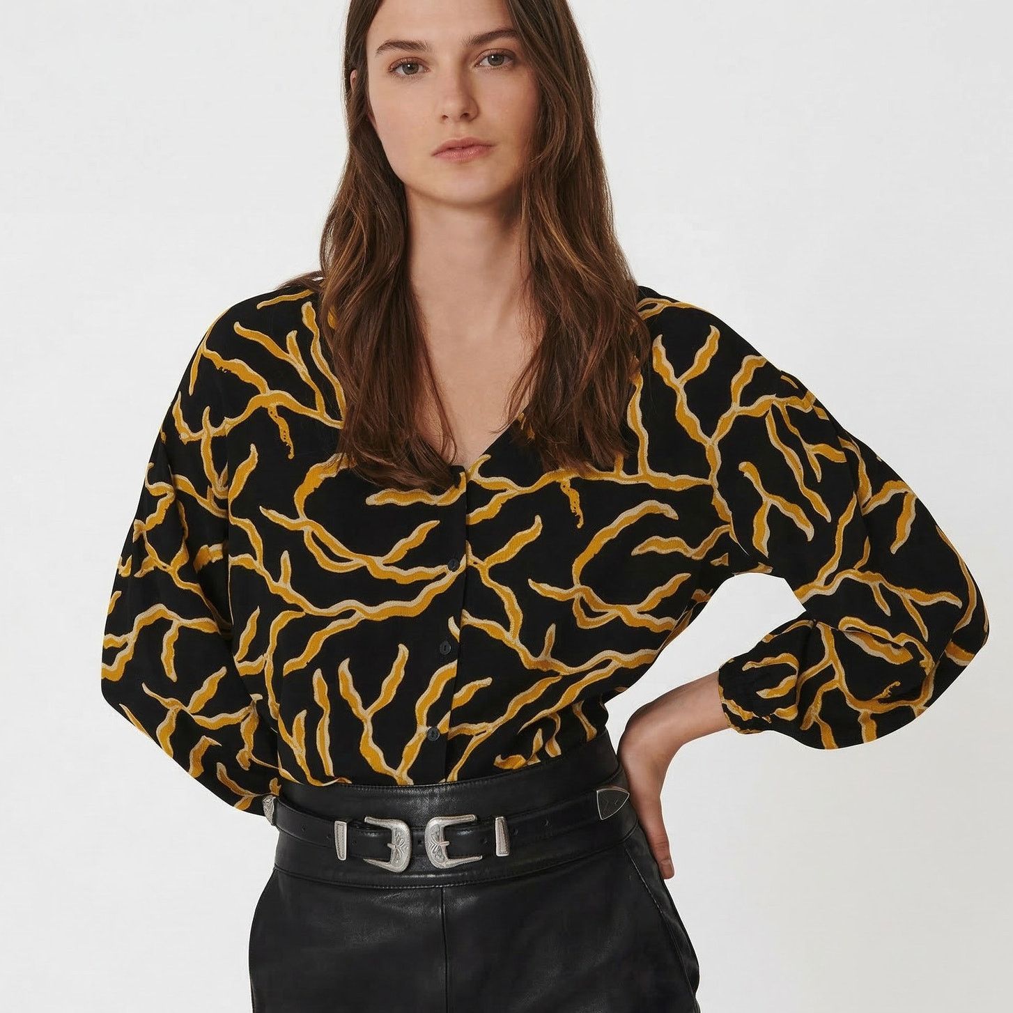 ba&sh Ba&sh Clea Printed Blouse Black Yellow size Large $235 Size L / US 10 / IT 46 - 1 Thumbnail