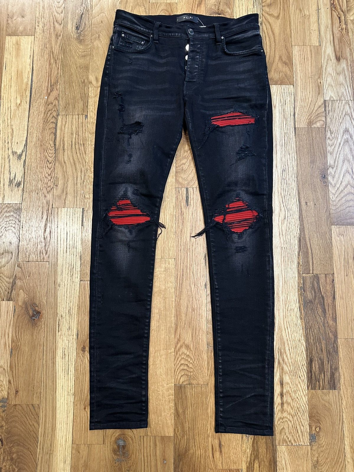 Amiri Amiri MX1 Red Suede Black Denim Jeans Size 31 | Grailed