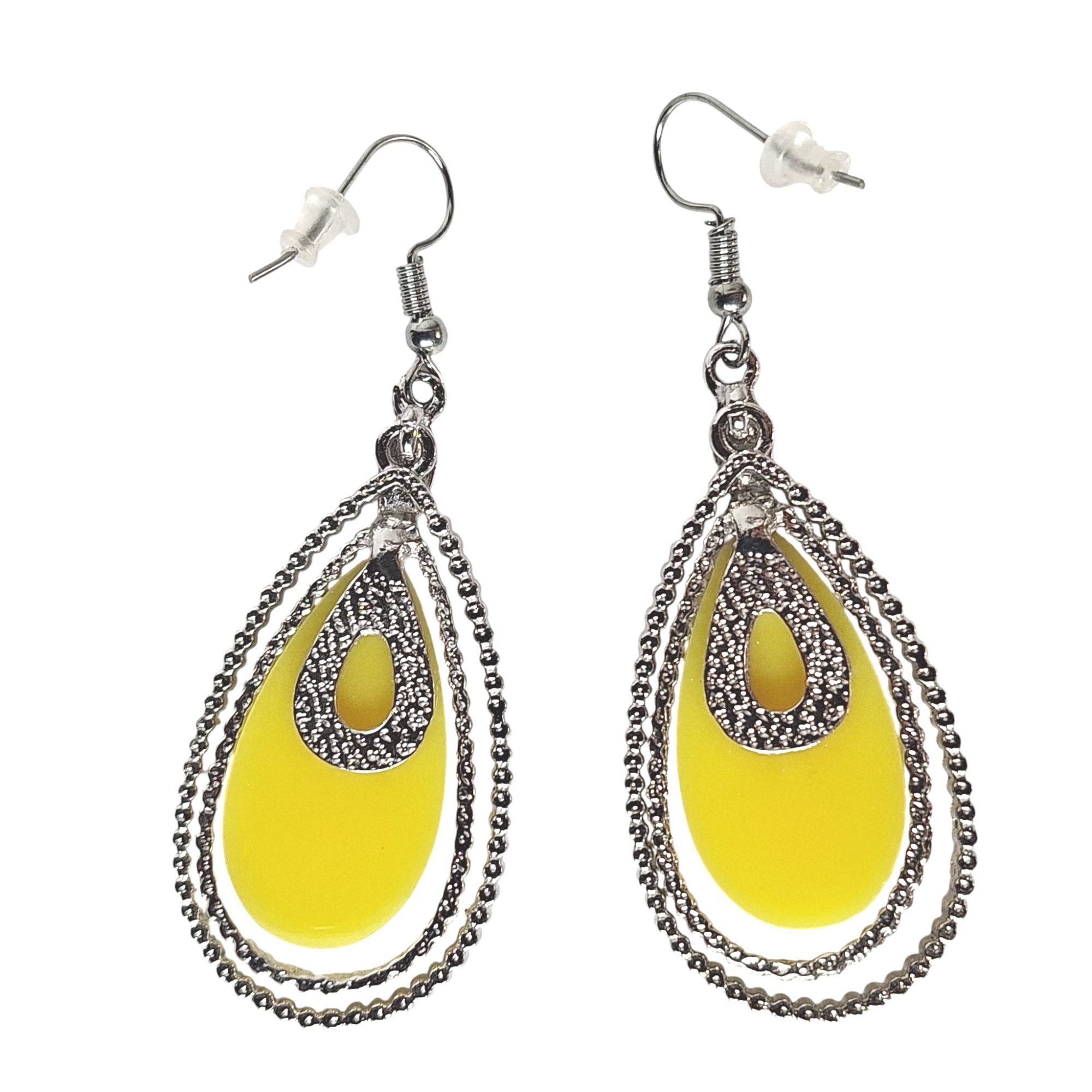 Other Yellow Teardrop Dangle Earrings Silver Beaded Double Frame B Size ONE SIZE - 2 Thumbnail