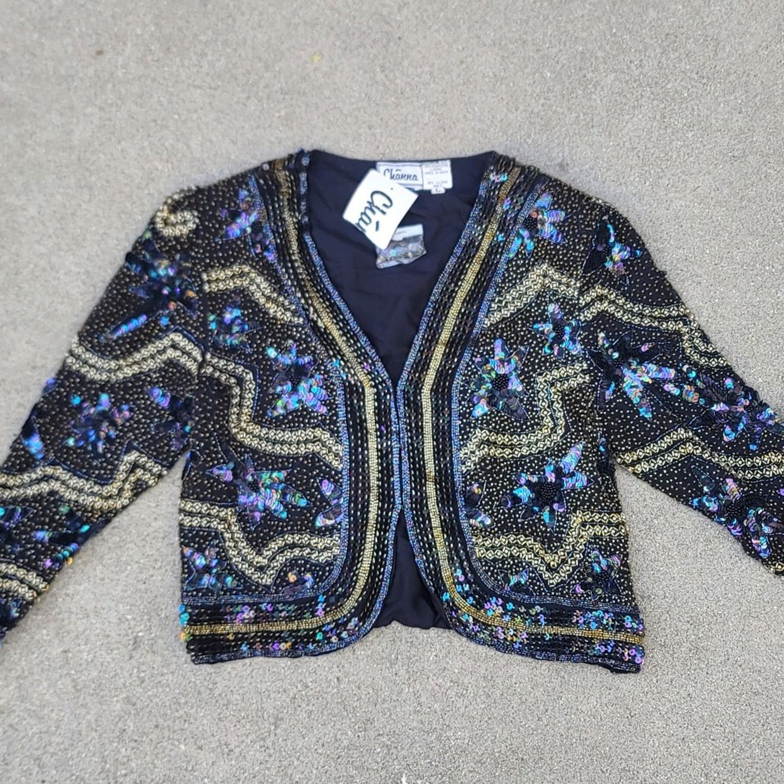 The Unbranded Brand Vtg 80s 90s Channa Silk Sequin Beaded Jacket Size L / US 10 / IT 46 - 3 Thumbnail