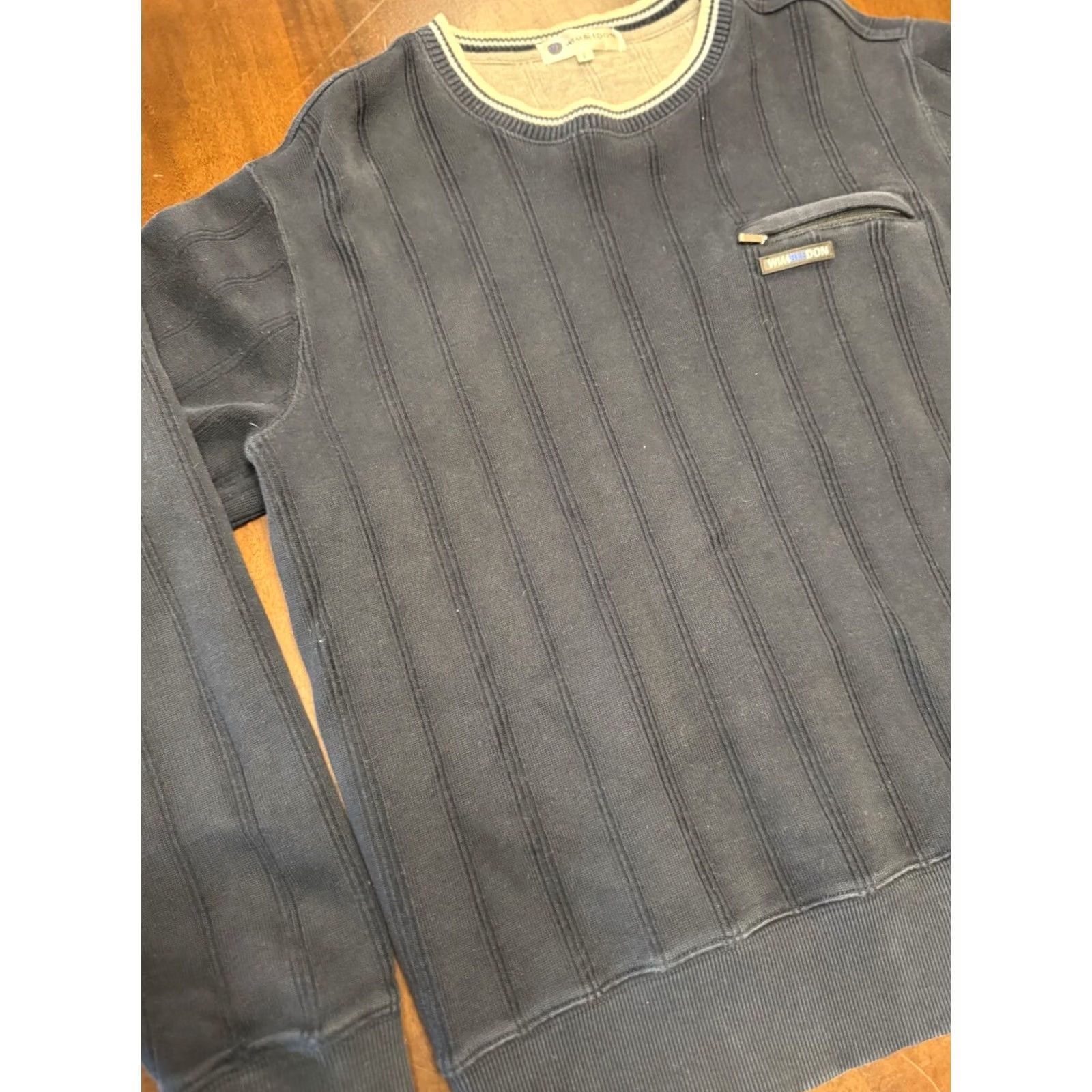 Vintage Wimbledon Sweater Cable-Knit Zip Pocket Navy Blue L Mens/Unisex Adults Crew Neck Pullover Tennis Long Description Size US L / EU 52-54 / 3 - 3 Thumbnail