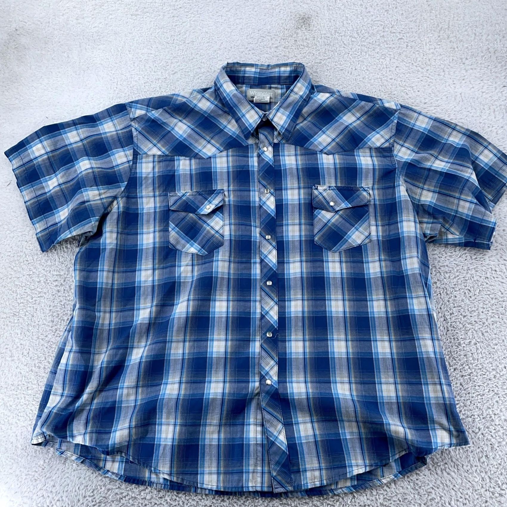 Wrangler Wrangler Shirt Men 3XL Blue White Plaid Western S/S Collared Pearl Snap Button-Up Pocket Outdoor Casual Travel | Mens Size US XXL / EU 58 / 5 - 2 Thumbnail