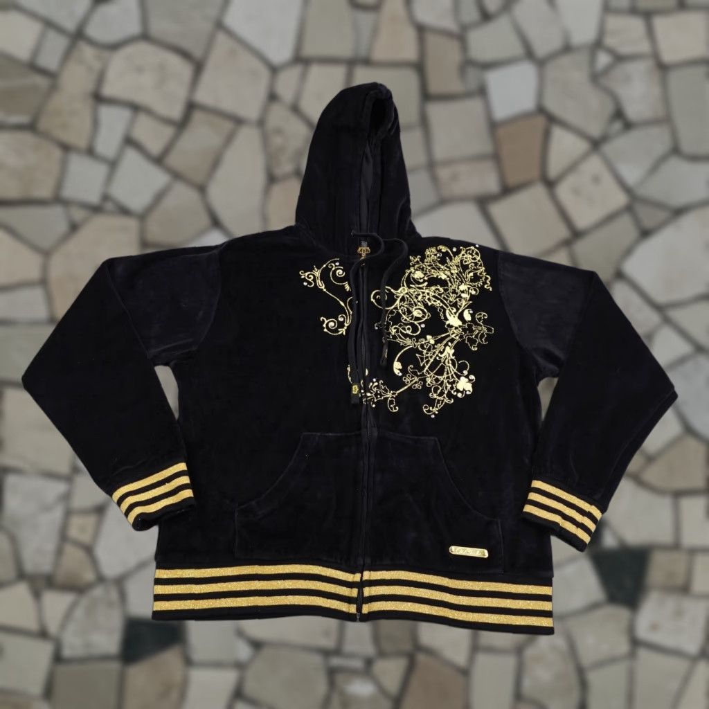 Velour VINTAGE Old Skool Hoodie Womens 2XL Black Gold Velour Rhinestone Sweatshirt Y2K Size XXL / US 16-18 / IT 52-54 - 1 Thumbnail