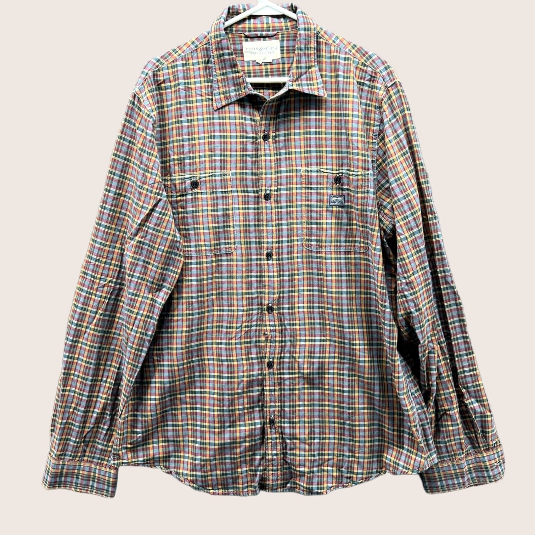 Ralph Lauren VINTAGE Denim & Supply Ralph Lauren Shirt Mens XL Beige Madras Plaid Button Down Knit Flannel Long Sleeve Collared Regular Fit Size US XL / EU 56 / 4 - 1 Thumbnail